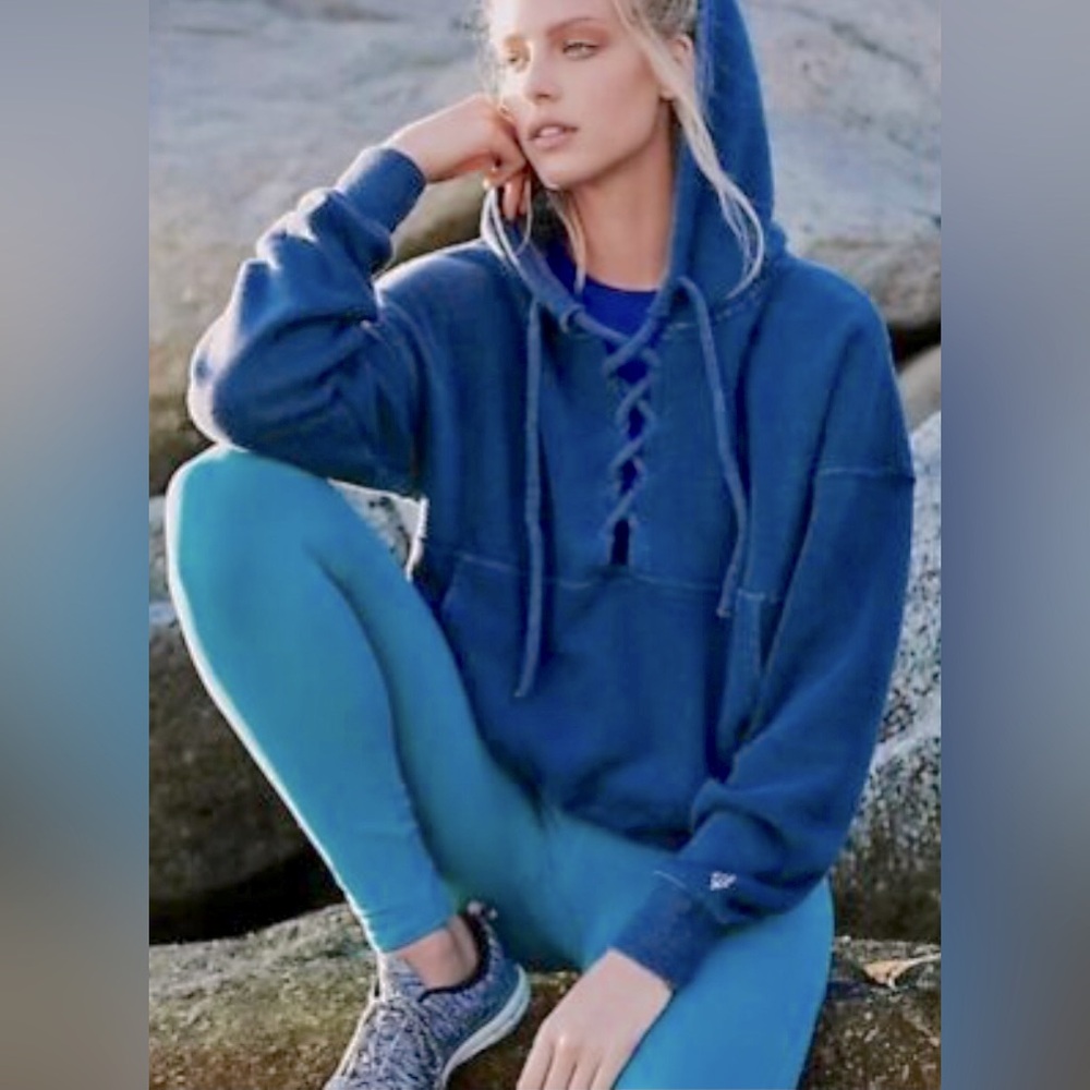 Blue Lace-Up Hoodie Sweatshirt - Women